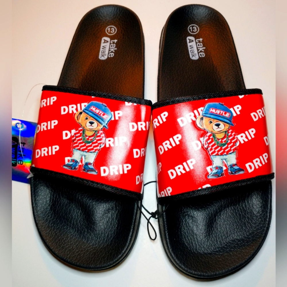 Hustle Bear Men's Slides Sandals Slippers Size 13 Black & Red Drip Pattern NWT